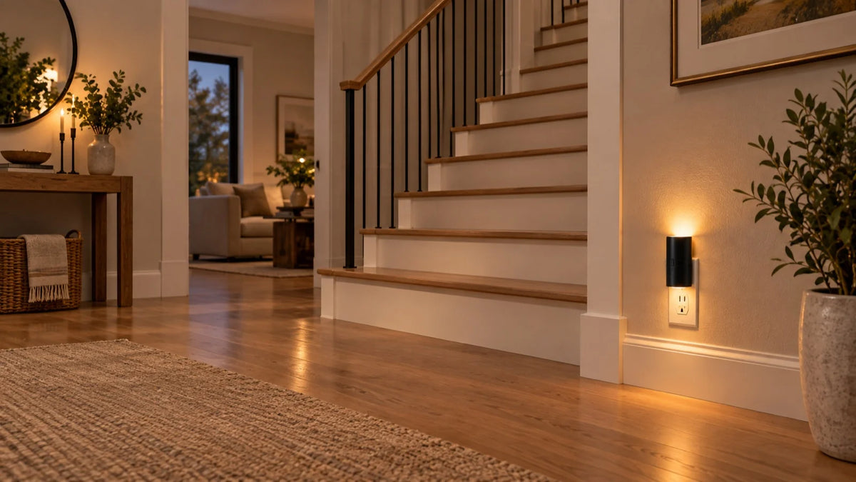 Ezzede - Home Glow Kit glowing beside a warmly lit staircase