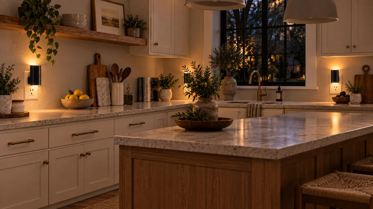Ezzede - Home Glow Kit glowing beside a warm modern kitchen counter